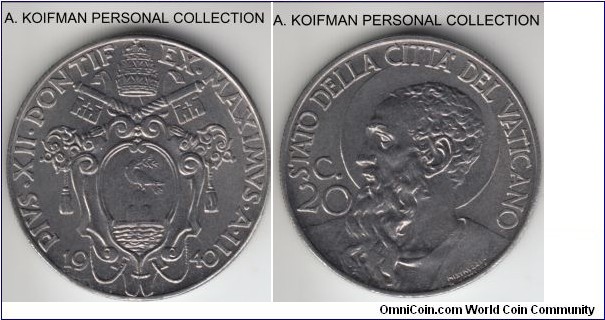 KM-24a, 1940/II year of Pius XII Vatican 20 centesimi; nickel, reeded edge; average uncirculated of the short 2 year type, mintage 64,000.