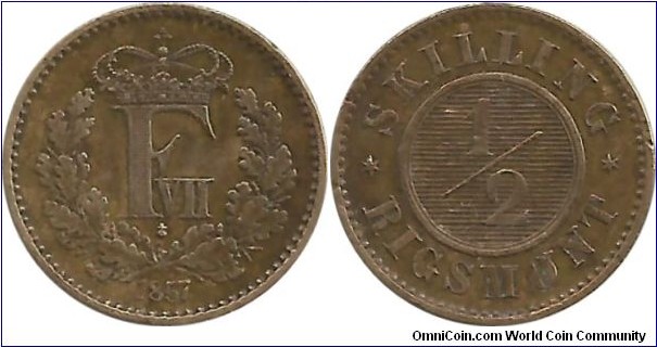 Denmark ½ Skilling Rigsmont 1857