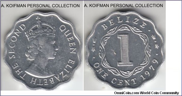 KM-33a, 1979 Belize cent; aluminum, scalloped edge, plain edge; about uncirculated.