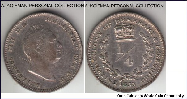 KM-17, 1833 Essequibo and Demarary; silver, plain edge; very fine, scratches on obverse, mintage 97,000.