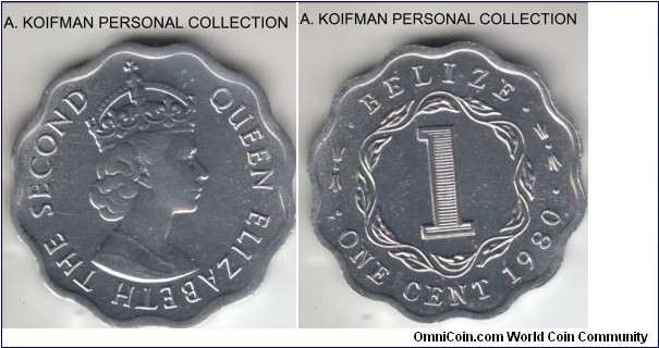 KM-33a, 1980 Belize cent; aluminum, scalloped edge, plain edge; bright white uncirculated.