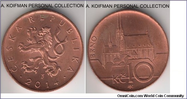 KM-4, 2014 Czech Republic 10 korun; copper plated steel, reeded edge; lightly toned about uncirculated or better.