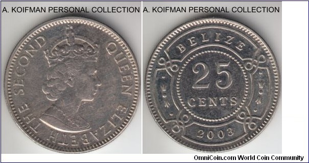 KM-36, 2003 Belize 25 cents; copper-nickel, reeded edge; probably circulated and extra fine or so.