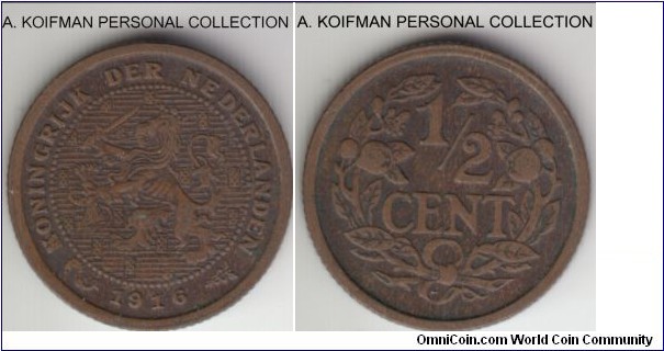 KM-138, 1916 Netherlands 1/2 cent; bronze, reeded edge; good very fine to about extra fine or so.