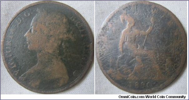 rare narrow date 1890 penny, saddly damaged by corrosion but narrowness of date is clear 