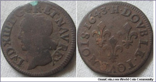 1643 Double Tournois, fair grade, all details clear, with slight clipped planchet