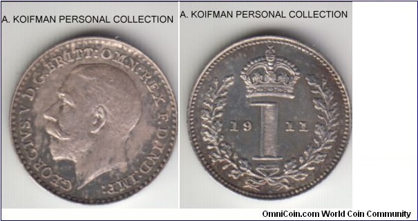 KM-811, 1911 Great Britain maundy penny; silver, plain edge; grey toned uncirculated, mintage 1,913 pieces.