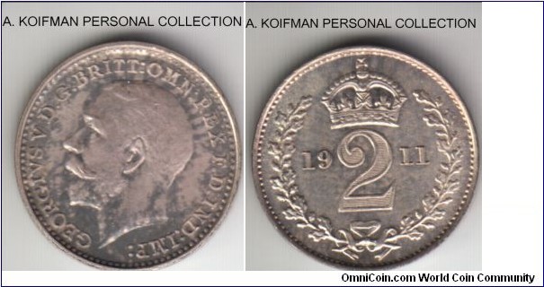 KM-812, 1911 Great Britain maundy 2 pence; silver, plain edge; grey toned uncirculated, mintage 1,635 pieces.