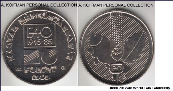 KM-653, 1985 Hungary 20 forint; copper-nickel, reeded edge; FAO issue, bright uncirculated specimen, mintage 25,000, for seen often.