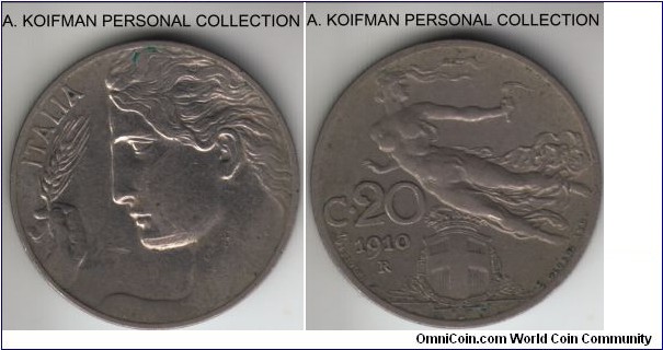 KM-44, 1910 Italy 20 centesimi; nickel, reeded edge; about extra fine details, but the obverse was cleaned.