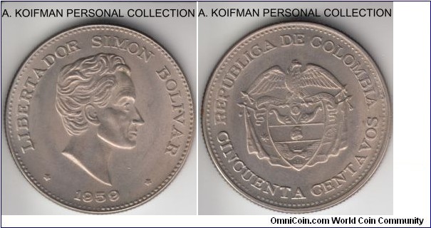 KM-217, 1959 Colombia 50 centavos; copper-nickel, reeded edge; uncirculated or almost, medal rotation variety and 45 degree rotated des on top of that.