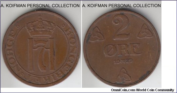 KM-371, 1929 Norway 2 ore; bronze, plain edge; good very fine to bout extra fine, staining in places.