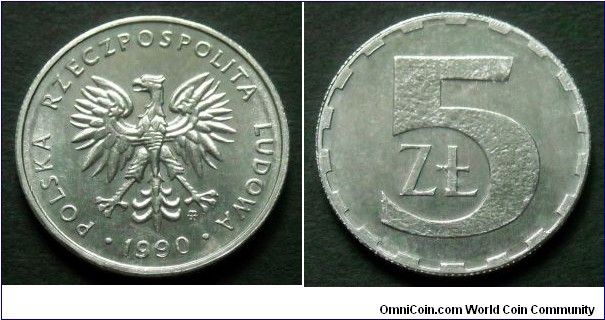 Poland 5 złotych.
1990, Al. Weight; 0,88g. Diameter; 20mm.
Mint Warsaw. Mintage: 38.248.000 pieces.