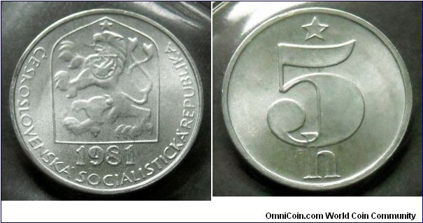 Czechoslovakia 5 haleru from 1981 annual coin set. Mintage: 66.160 pieces.