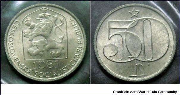 Czechoslovakia 50 haleru from 1981 annual coin set.
Mintage: 66.160 pieces.