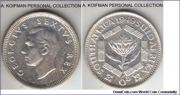 KM-36.1, 1949 South Africa (Dominion) six pence; silver, reeded edge; somewhat scarce year, small mintage, the coin is about extra fine, but cleaned I believe.