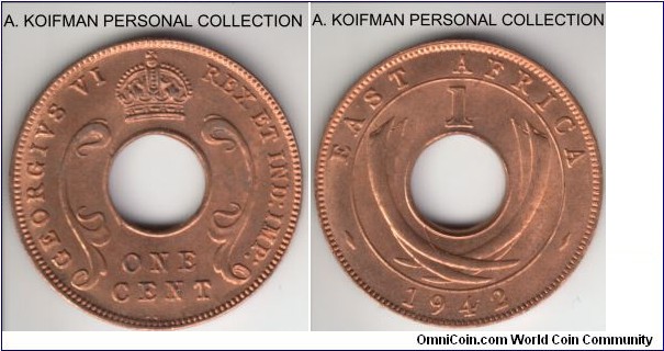 KM-29, 1942 East Africa cent; bronze, plain edge; red brown uncirculated.