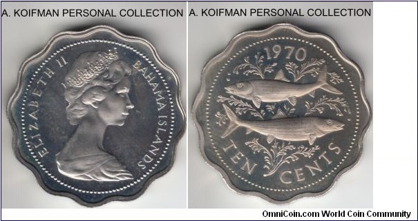 KM-4, 1970 Bahamas 10 cents; proof, copper-nickel, plain edge, scalloped flan; light cameo effect due to toning, mintage 23,000.