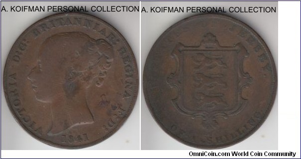 KM-3, 1841 Jersey 1/13'th of a shilling; copper, plain edge; very good, some staining.