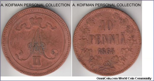 KM-5.1, 1865 Finland (Grand Duchy) 10 pennia; copper, plain edge; cleaned good fine to very fine, several rim bumps as customary of these larger coins that went through heavy circulation.