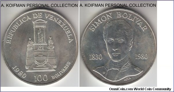 Y#56, 1980 Venezuela 100 bolivares; silver, lettered edge; average uncirculated, market pricing and occurance rate seems to be inconsistent with the mintage of number of 500,000, so some of that mintage must have been melted down later.