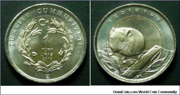 Turkey 1 lira.
2016, Dormouse.
Bimetal.