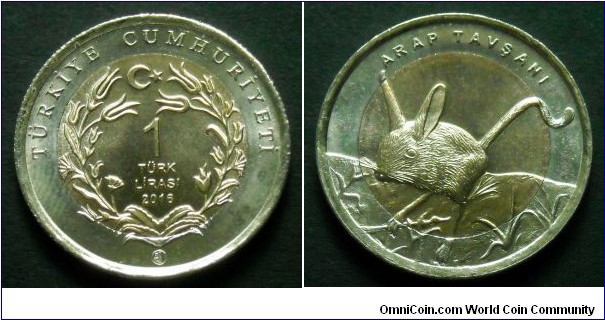 Turkey 1 lira.
2016, Fout-Toed Jerboa. Bimetal.