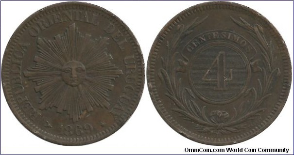 Uruguay 4 Centesimos 1869H