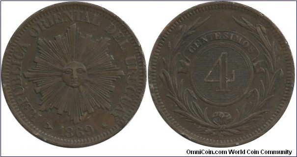 Uruguay 4 Centesimos 1869H