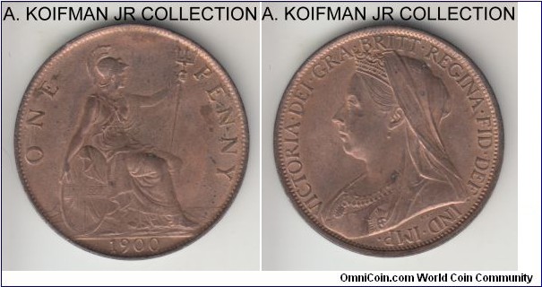 KM-790, 1900 Great Britain penny; bronze, plain edge; late Victoria, mostly red uncirculated, couple of obverse spots.