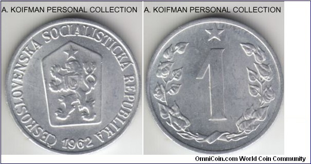 KM-51, 1962 Czechoslovakia haler; aluminum, plain edge; nice uncirculated.