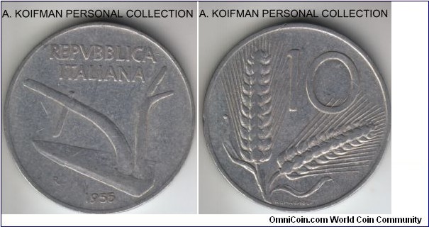 KM-93, 1955 Italy 10 lira, Rome mint (R mint mark); aluminum, plain edge; very fine or so.