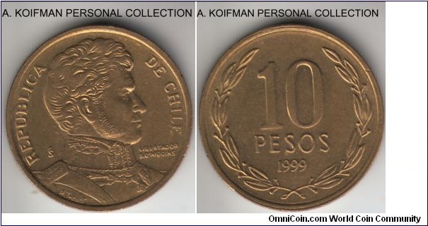 KM-228.2, 1999 Chile 10 pesos; aluminum bronze, reeded edge; about uncirculated or better.