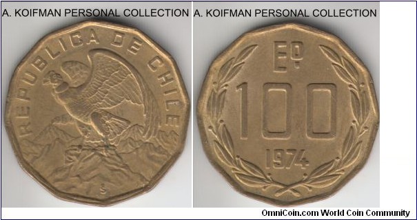 KM-202, 1974 Chile 100 escudos' nickel-brass, plain edge; average uncirculated or about.