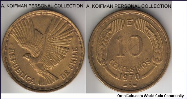 KM-191, 1970 Chile 10 centesimos; aluminum bronze, plain edge; extra fine or about.