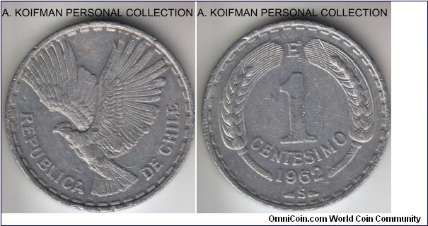 KM-189, 1962 Chile centesimo; aluminum, plain edge; circulated, very fine or better.