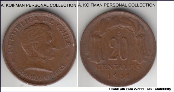 KM-177, 1951 Chile 20 centavos; copper, plain edge; brown extra fine, but a couple of visible scratches on obverse.