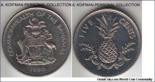 KM-60, 1998 Bahamas 5 cents; copper-nickel, reeded edge; uncirculated or almost.