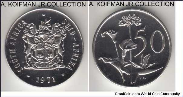KM-87, 1971 South Africa (Republic) 50 cents; proof, nickel, plain edge; mintage 12,000, brilliant proof in annual mint proof set of issue.