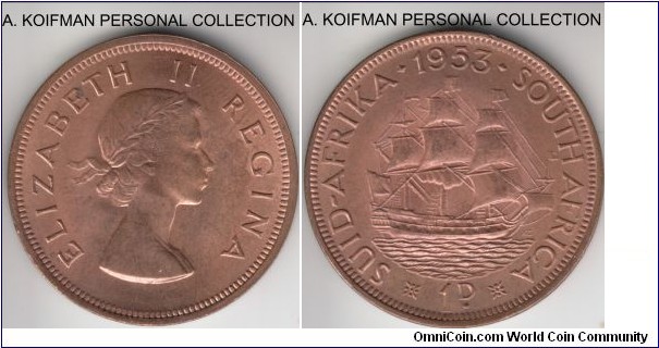KM-46, 1953 South Africa (Dominion) penny; bronze, plain edge; red uncirculated, pleasant coin.