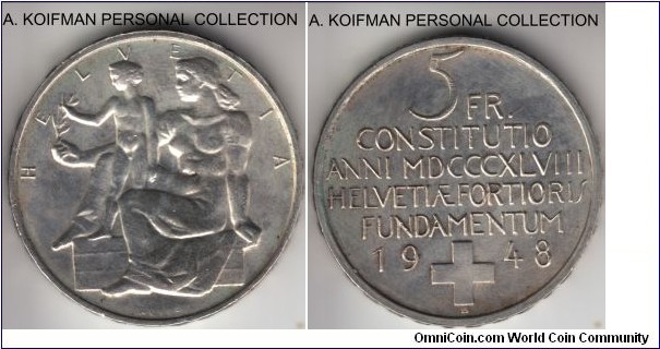 KM-48, 1948 Switzerland 5 francs, Berne mint (B mint mark); silver, lettered edge; Swiss Constitution Centennial commemorative, about uncirculated.