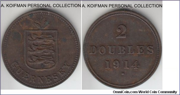 KM-12, 1914 Guernsey 2 doubles, Heaton (H) mintmark; bronze, plain edge; brown very fine or about, smaller mintage of 29,000.