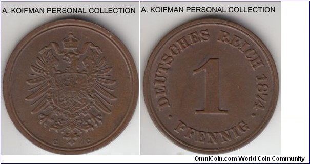 KM-1, 1874 Germany pfennig, Frankfurt mint (C mintmark); copper, plain edge; brown extra fine to about uncirculated.