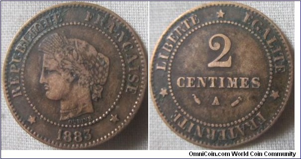 1883 2 centimes 500k mintage aVF