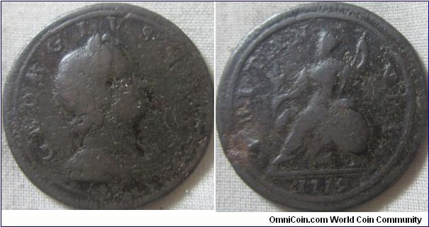 1719 halfpenny, fair grade obverse 2.