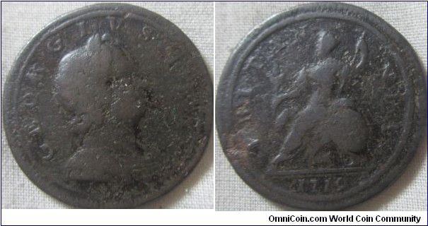 1719 halfpenny, fair grade obverse 2.