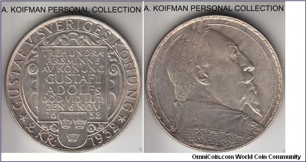 KM-805, 1932 Sweden 2 kronor; silver, reeded edge; commemoration 300th Anniversary - Death of Gustaf II Adolf, average uncirculated.