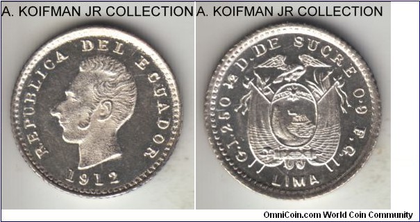 KM-55.1, 1912 Ecuador half decimo, Lima mint (LIMA mintmark); silver, reeded edge; likely overdate, but not identifieable, small mintage of 20,000 but readily found, bright proof like uncirculated, typical of the issue.