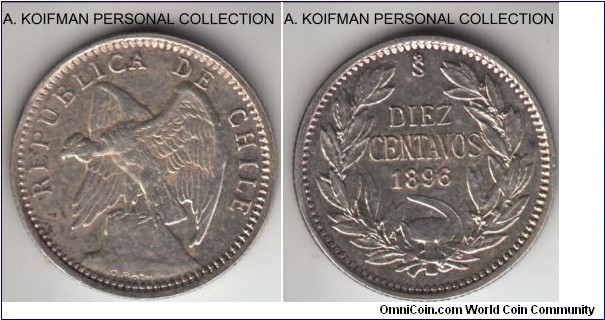 KM-156.1, 1896 Chile 10 centavos; silver, reeded edge; about uncirculated, may have been cleaned. 