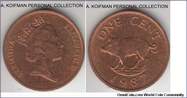KM-44, 1987 Bermuda cent; bronze, plain edge; mostly brown about uncirculated.